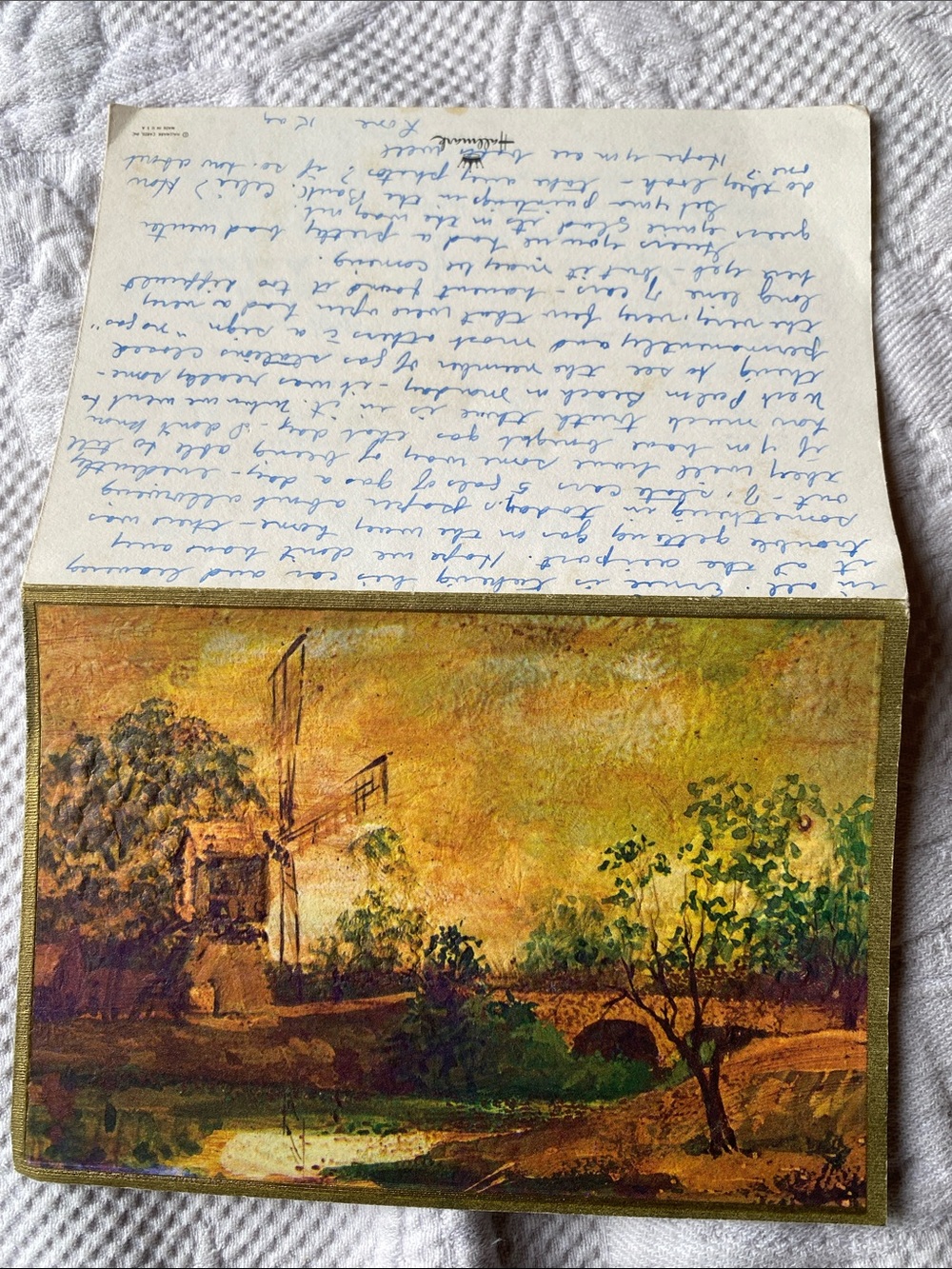 Vintage Hallmark Rustic Windmill Landscape Art Postcard Yellow and Green -